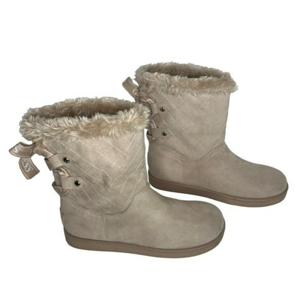 Guess Allyse Sand Logo Bow Suede Faux Fur Mid Calf Winter Boots Size 9M - Picture 14 of 16